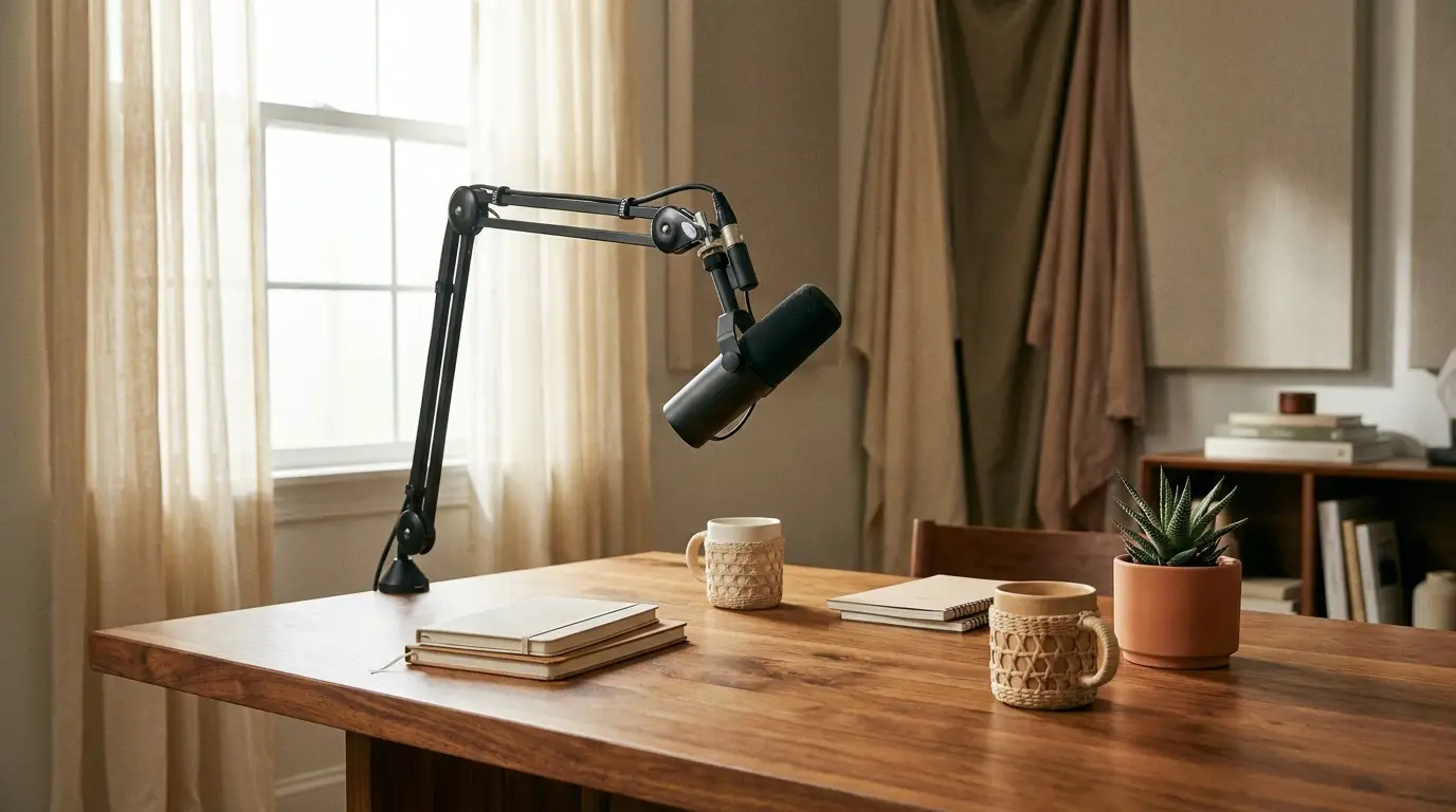 Warm podcast studio with a broadcast microphone — Property & Mortgage Insights Australia, expert conversations about property, lending and structure